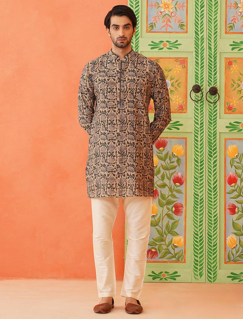 Beige batik print kurta