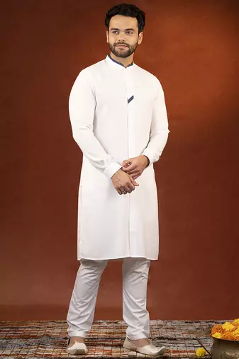 White cotton kurta with denim detailing set