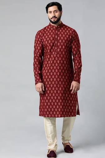 Red block printed kurta pajama
