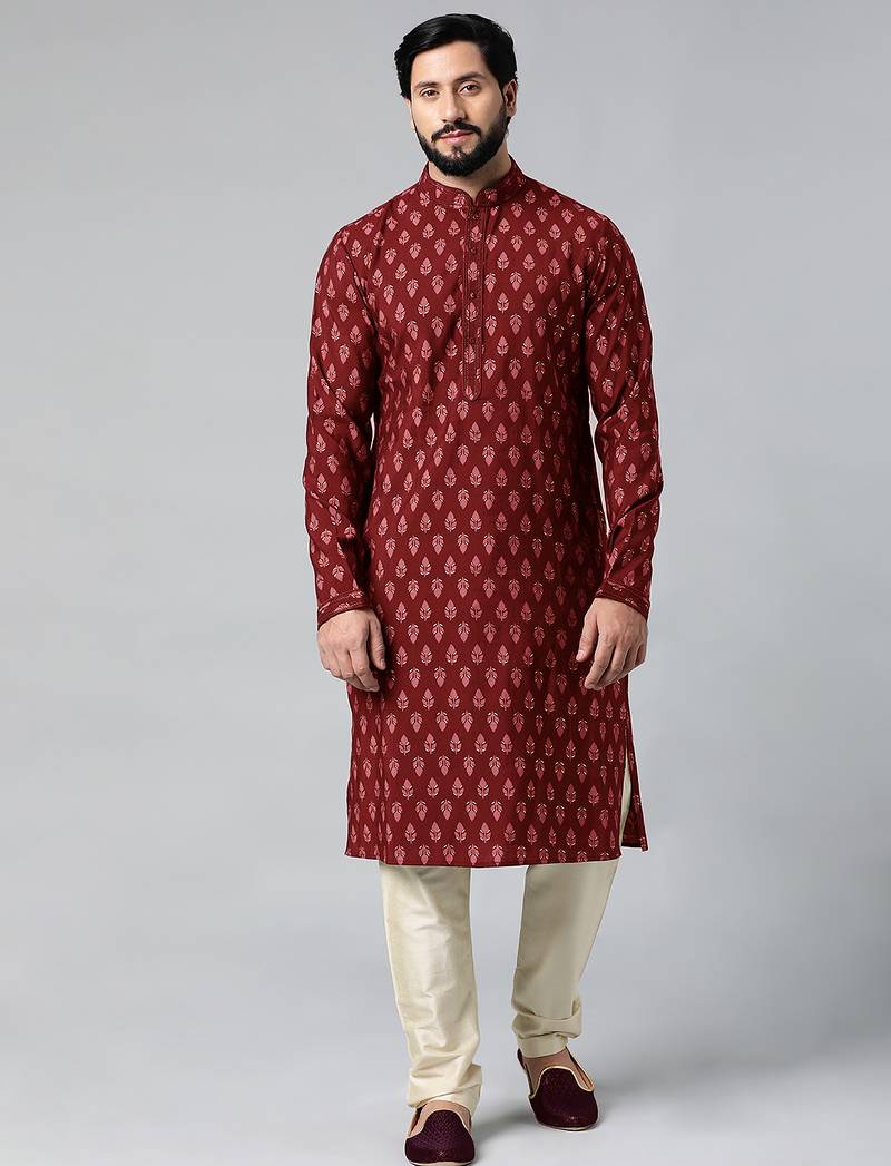 Red block printed kurta pajama