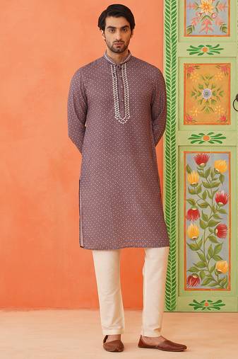Earthy purple printed kurta pajama with abla embroidery