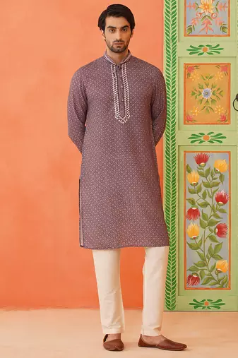 Earthy purple printed kurta pajama with abla embroidery