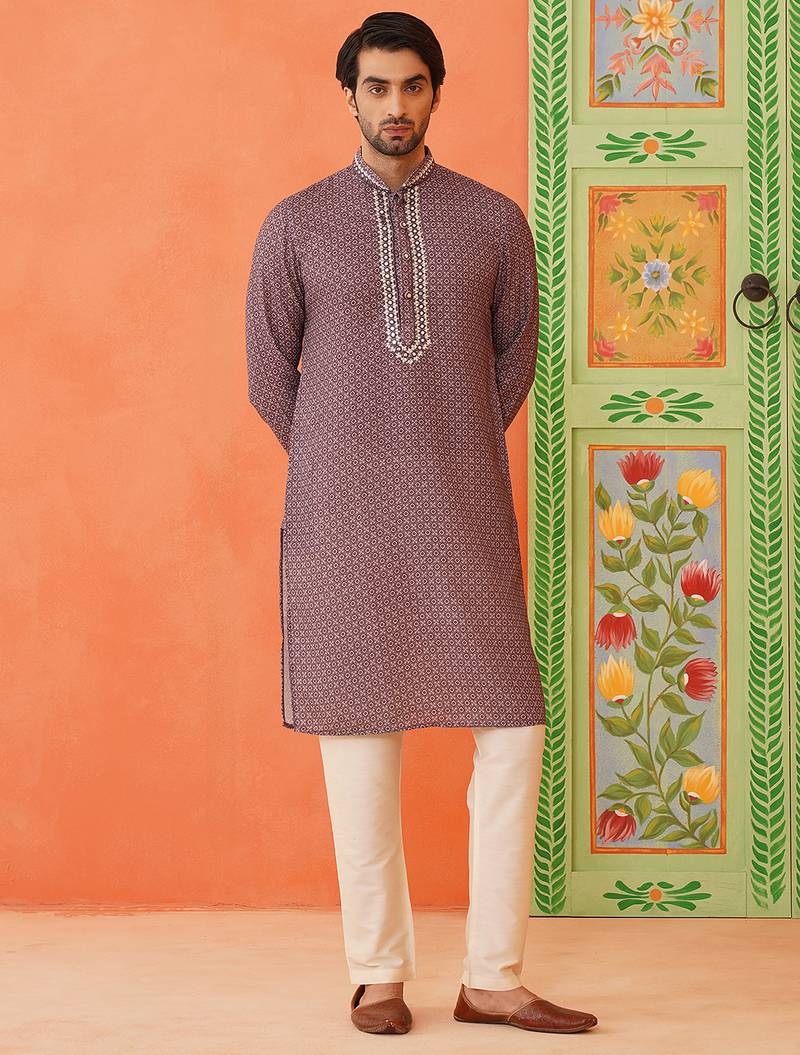 Earthy purple printed kurta pajama with abla embroidery
