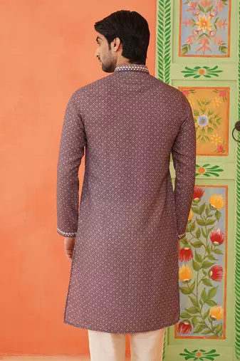 Earthy purple printed kurta pajama with abla embroidery