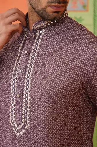 Earthy purple printed kurta pajama with abla embroidery