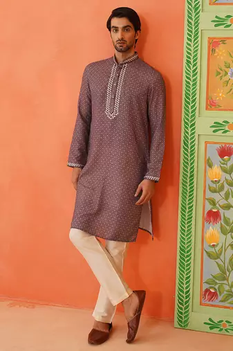 Earthy purple printed kurta pajama with abla embroidery