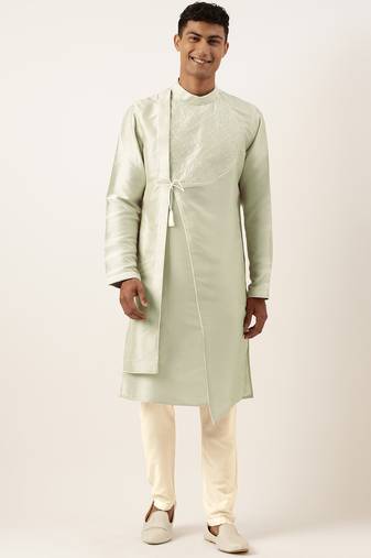 Pistachio green embroidery angrakha kurta pajama