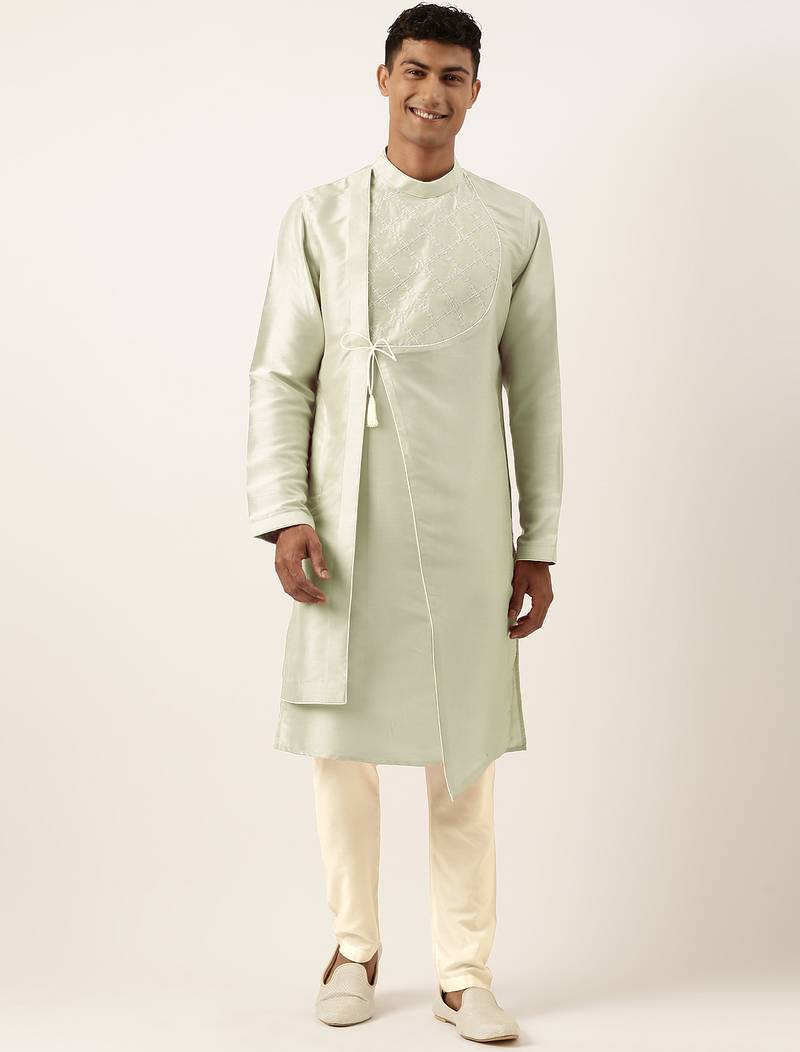 Pistachio green embroidery angrakha kurta pajama