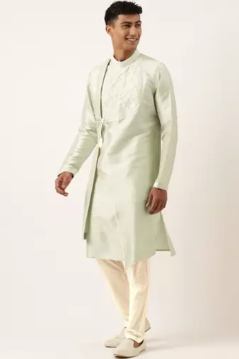 Pistachio green embroidery angrakha kurta pajama