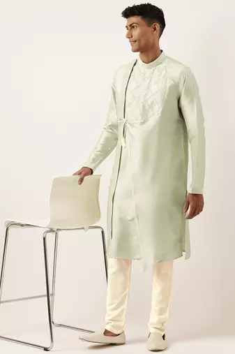 Pistachio green embroidery angrakha kurta pajama
