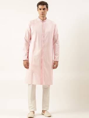 Pink cotton front open embroidered kurta pajama 1