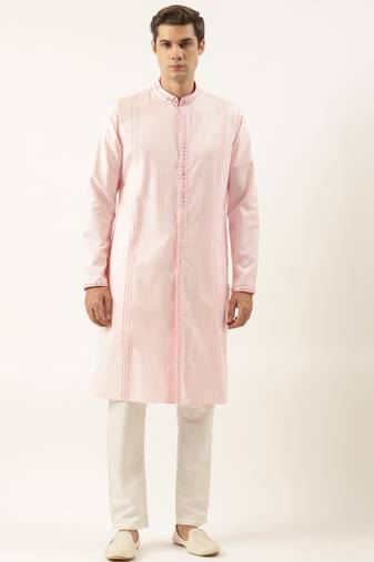 Pink cotton front open embroidered kurta pajama
