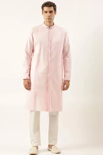 Pink cotton front open embroidered kurta pajama