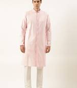 Pink cotton front open embroidered kurta pajama