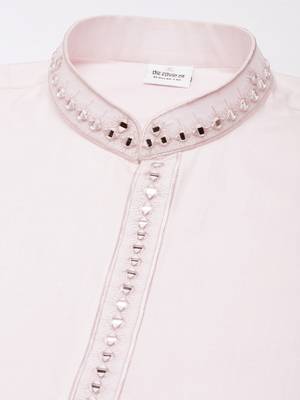 Pink cotton front open embroidered kurta pajama 2