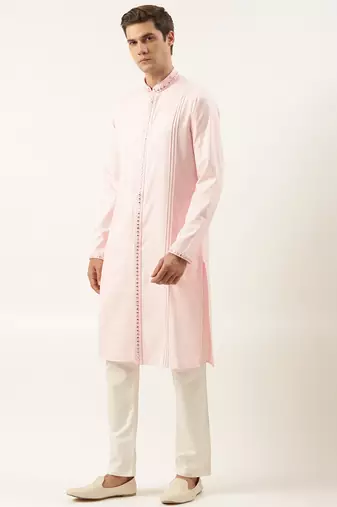 Pink cotton front open embroidered kurta pajama