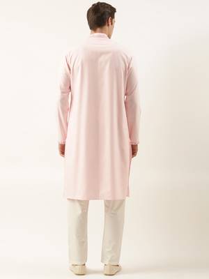 Pink cotton front open embroidered kurta pajama 5