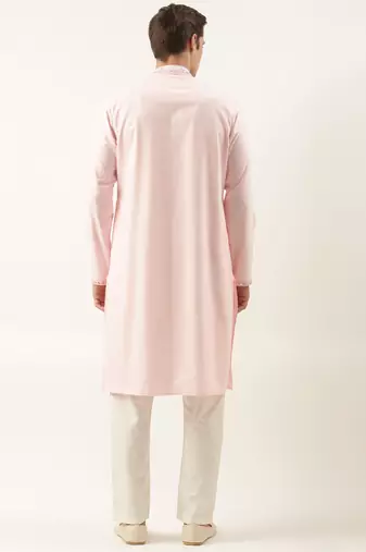 Pink cotton front open embroidered kurta pajama