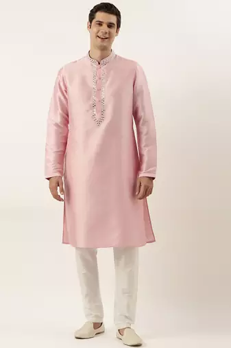 Pink silk mirror embroidered kurta pajama