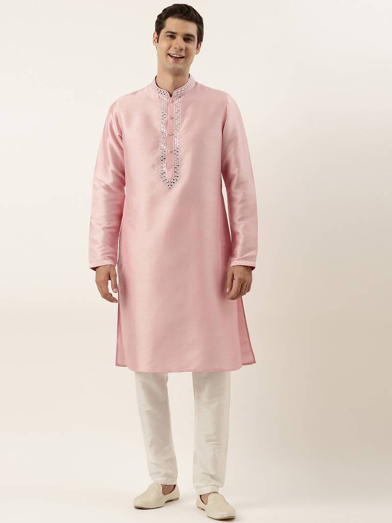 Pink silk mirror embroidered kurta pajama