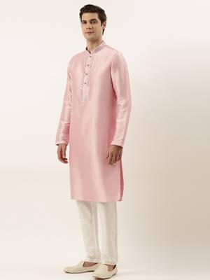 Pink silk mirror embroidered kurta pajama 3