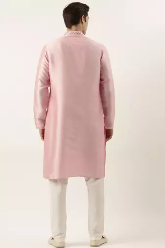 Pink silk mirror embroidered kurta pajama