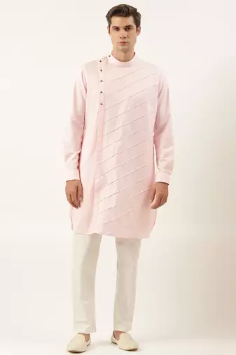 Light pink pintux cotton side open kurta pajama