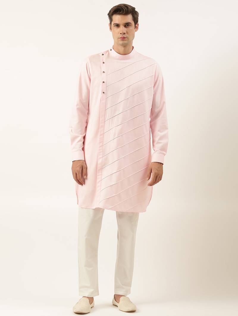 Light pink pintux cotton side open kurta pajama