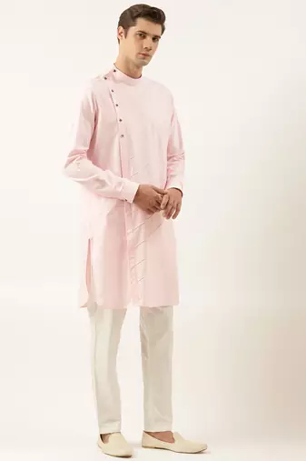 Light pink pintux cotton side open kurta pajama