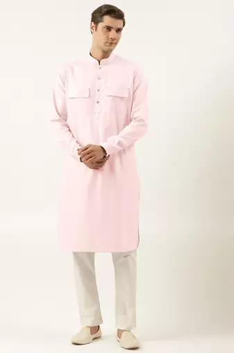 Baby pink pure cotton pathani kurta pajama with patch pocket