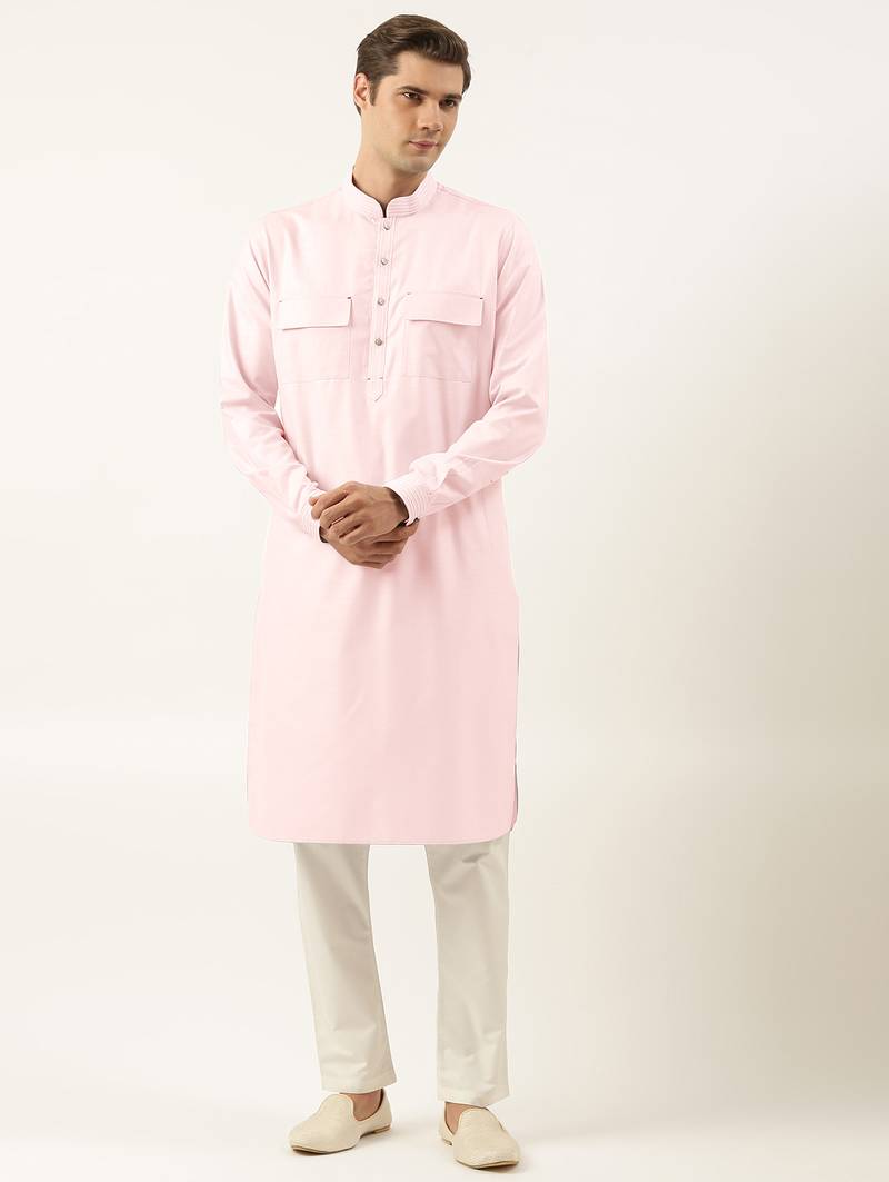 Baby pink pure cotton pathani kurta pajama with patch pocket