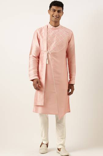 Peach silk embroidery angrakha kurta pajama