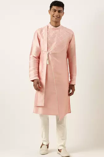 Peach silk embroidery angrakha kurta pajama