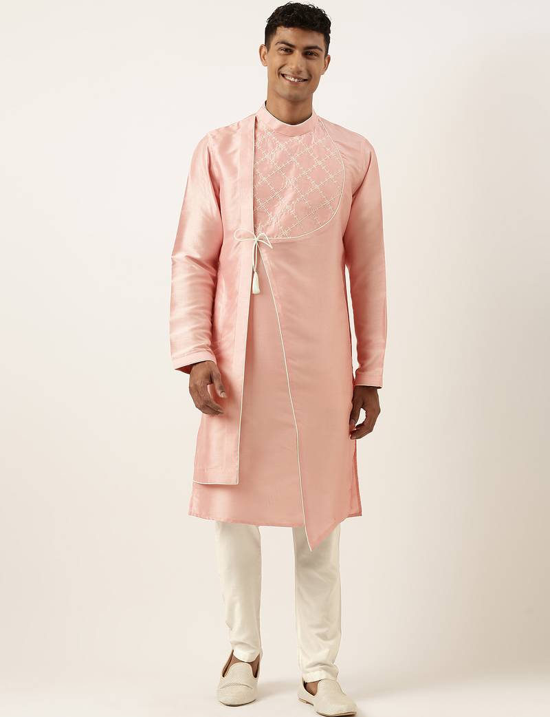 Peach silk embroidery angrakha kurta pajama