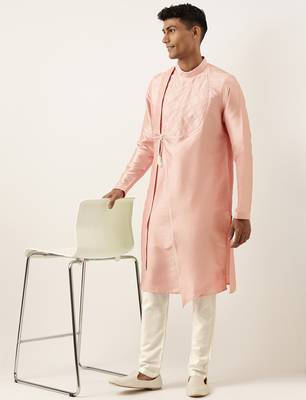 Peach silk embroidery angrakha kurta pajama 5