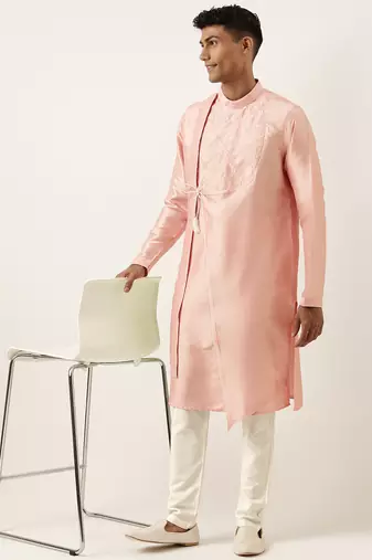Peach silk embroidery angrakha kurta pajama
