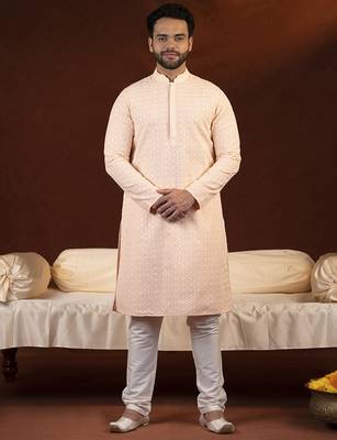 Pastel peach chikankari kurta pajama 1