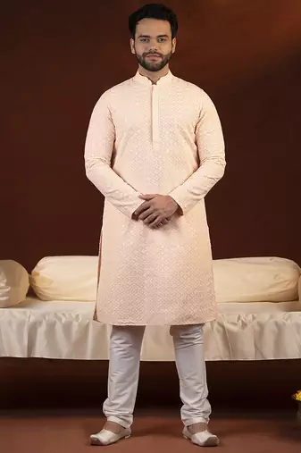 Pastel peach chikankari kurta pajama