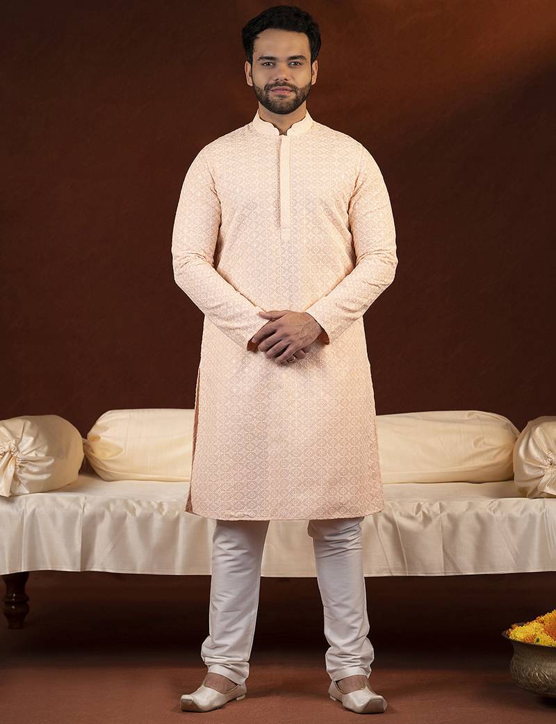 Pastel peach chikankari kurta pajama