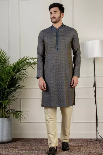 Navy jacquard embroidered kurta pajama