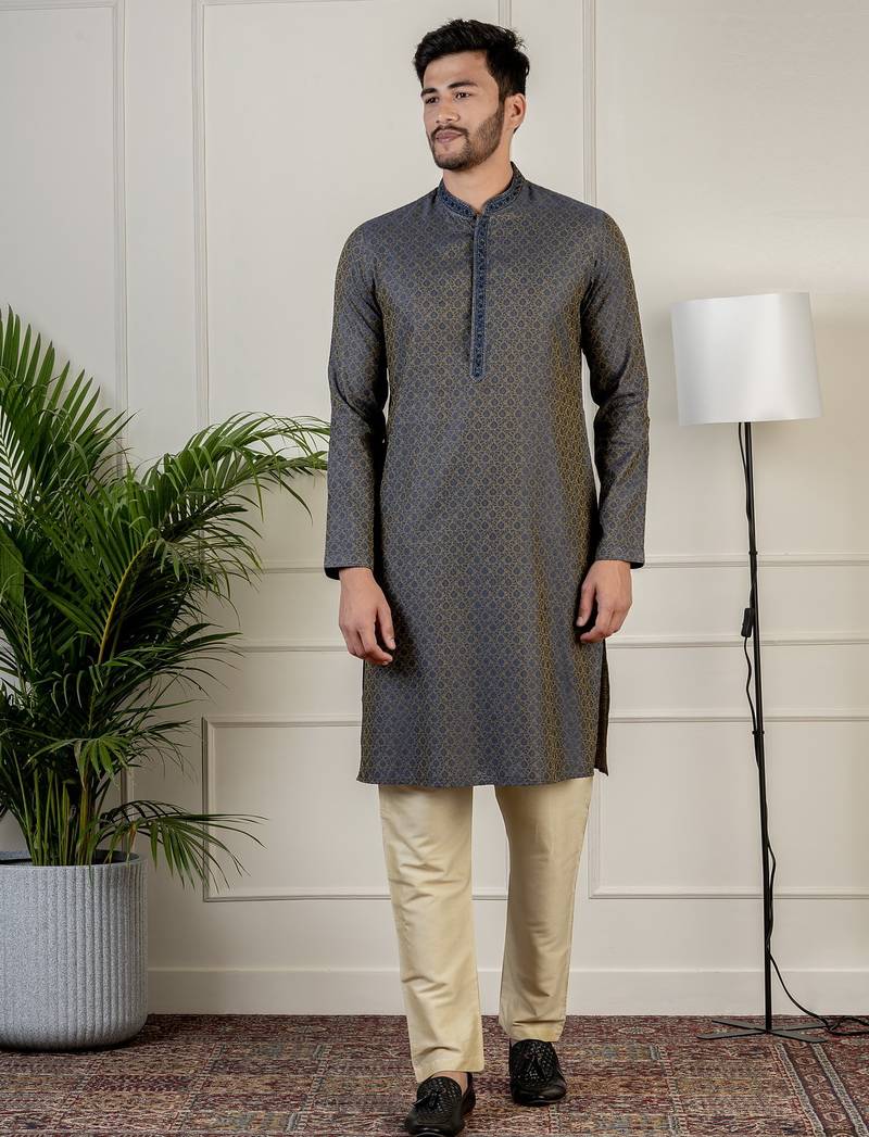 Navy jacquard embroidered kurta pajama