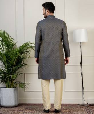 Navy jacquard embroidered kurta pajama 2