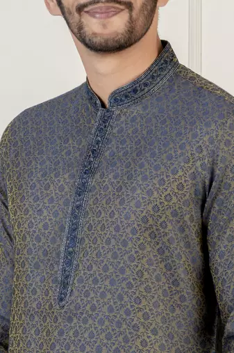 Navy jacquard embroidered kurta pajama