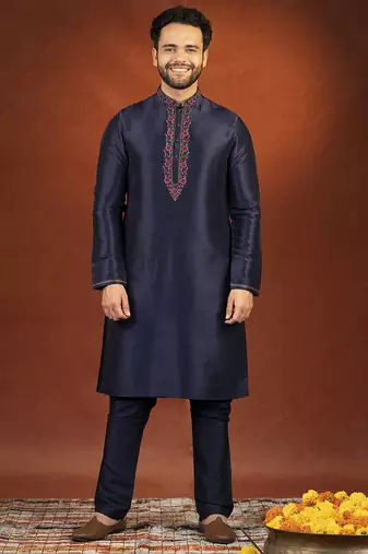 Navy pashmina embroidered kurta pajama