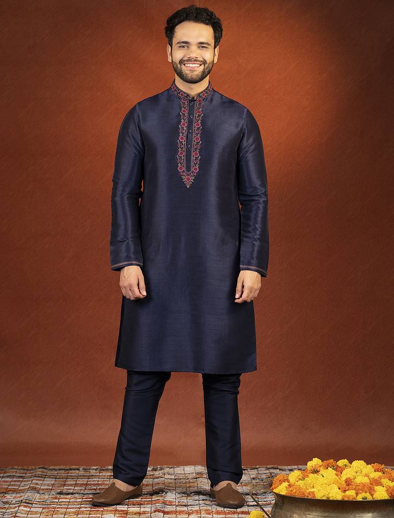 Navy pashmina embroidered kurta pajama