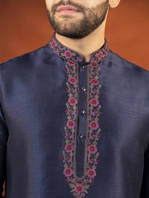 Navy pashmina embroidered kurta pajama 2