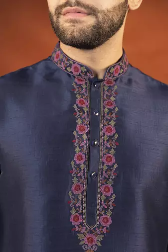 Navy pashmina embroidered kurta pajama