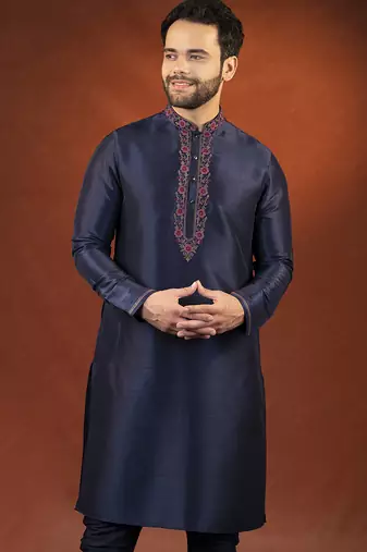 Navy pashmina embroidered kurta pajama