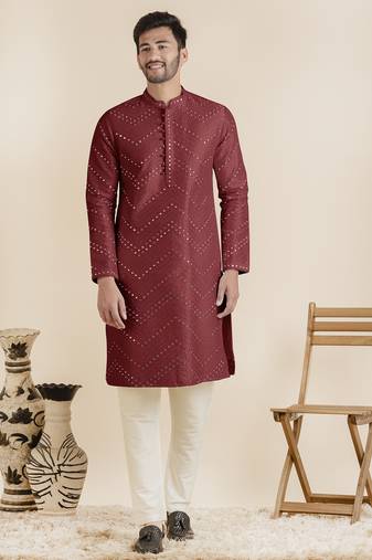Maroon silk mirror embroidered kurta pajama