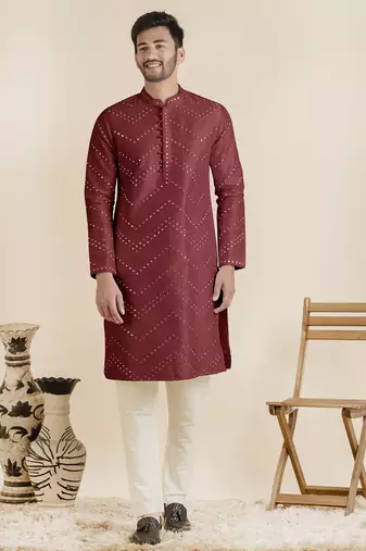 Maroon silk mirror embroidered kurta pajama